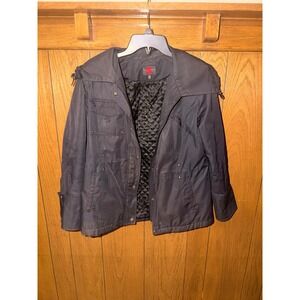 Gallery Petite Black Utility Jacket Quilted Lining Hooded Zip Snap PM